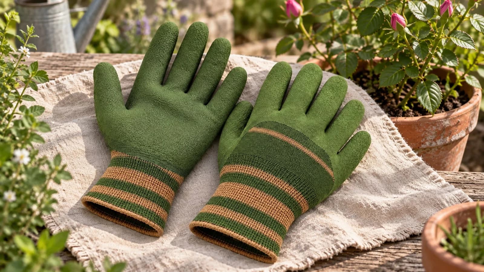 Paire de gants de jardinage verts à paume enduite épaisse posée à plat sur un linge, près d'un rosier en boutons