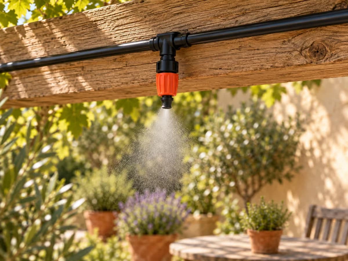 Buse de brumisation à tête orange réglable fixée sur une poutre en bois, fine brume en dessous