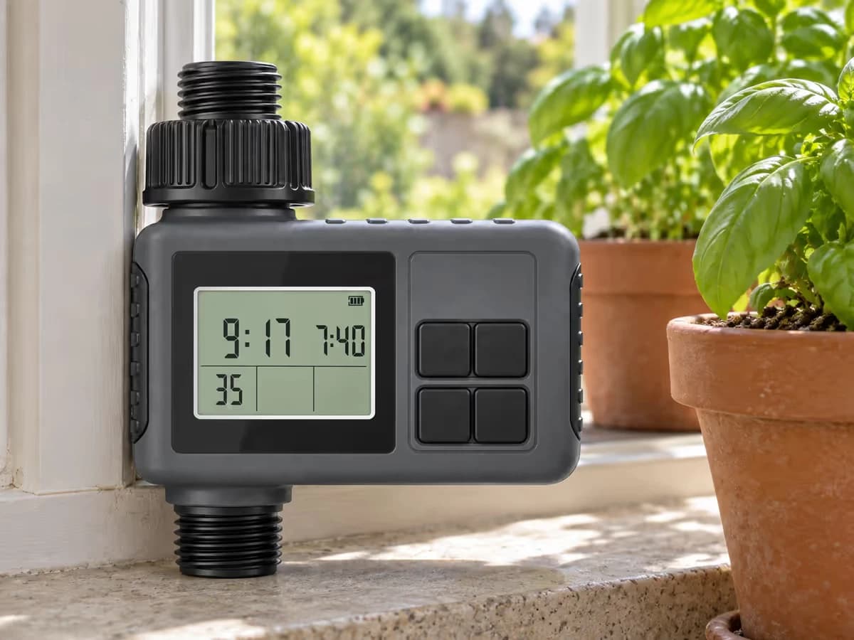 Écran LCD d'un programmateur d'arrosage posé sur un rebord de fenêtre, boutons de réglage visibles, plants de basilic à côté