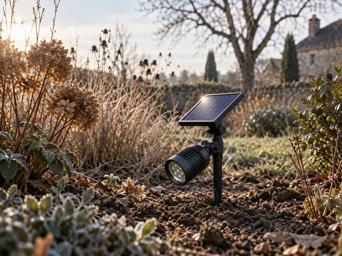 Petit panneau solaire au bout d'un piquet dans un massif d'hiver, feuillage sec et lumière rasante de décembre