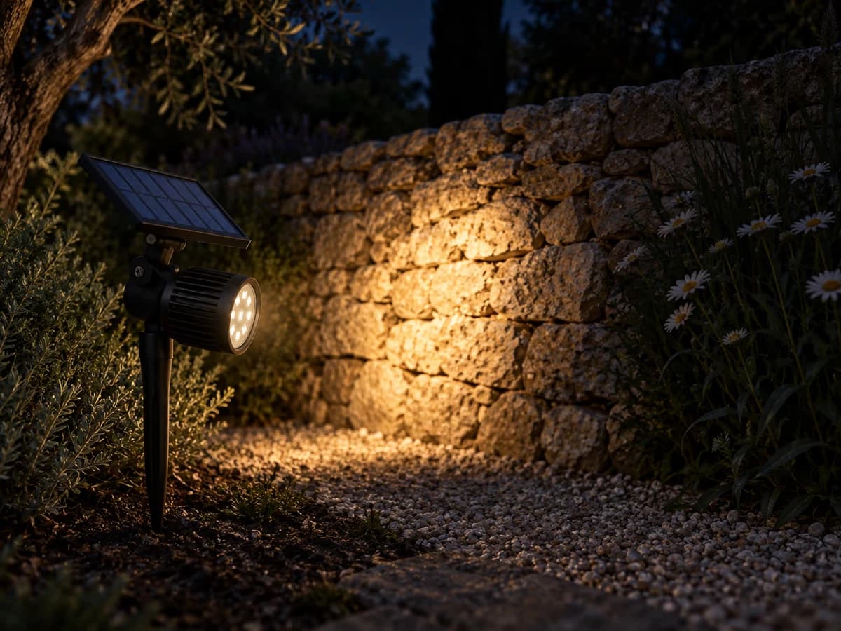 Faisceau d'un projecteur solaire tombant sur un mur de pierre, massif de fleurs laissé dans l'ombre juste à côté