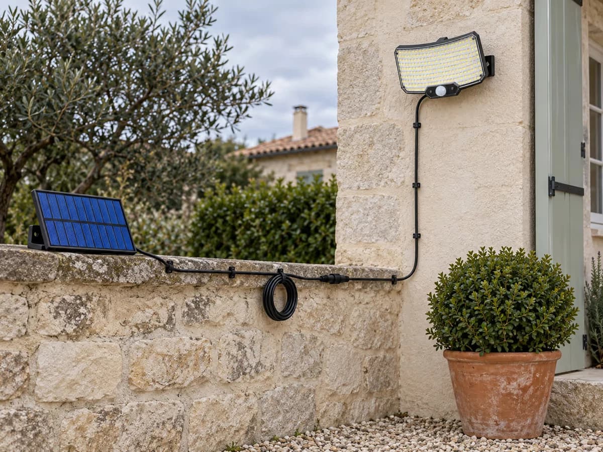 Câble noir plaqué le long d'un mur entre un petit panneau solaire et un projecteur mural