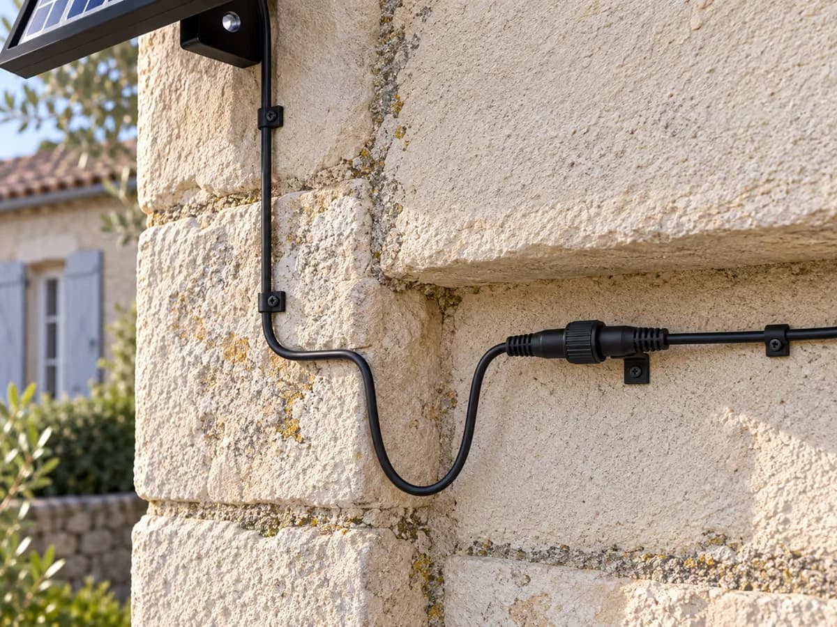 Câble de projecteur solaire fixé le long d'un joint de mur, avec boucle basse avant un connecteur protégé du ruissellement
