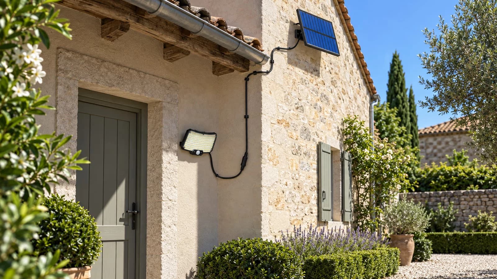 Projecteur solaire noir fixé sur un mur de cour, panneau séparé au soleil sur le pignon et câble plaqué à la maçonnerie