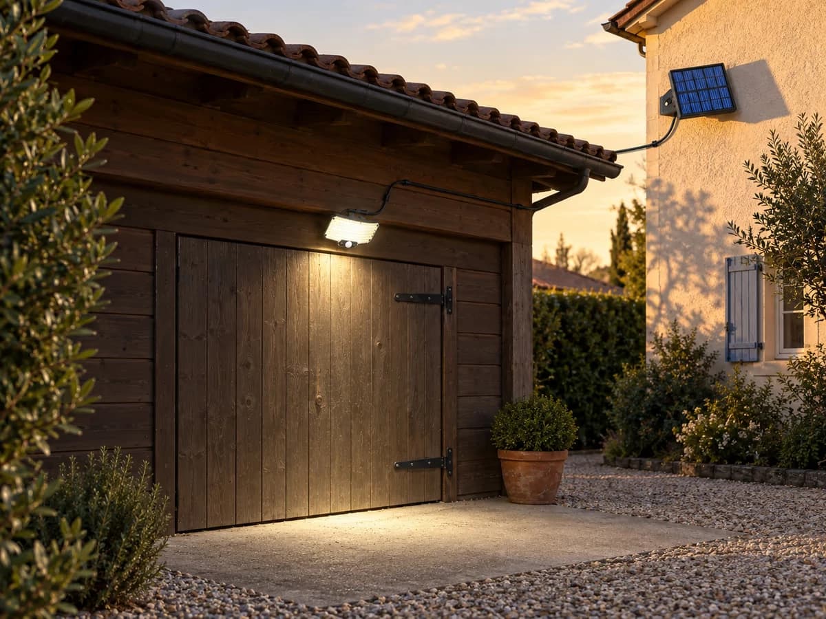 Façade de garage ombragée avec projecteur mural noir, panneau solaire séparé fixé plus haut sur un pignon ensoleillé