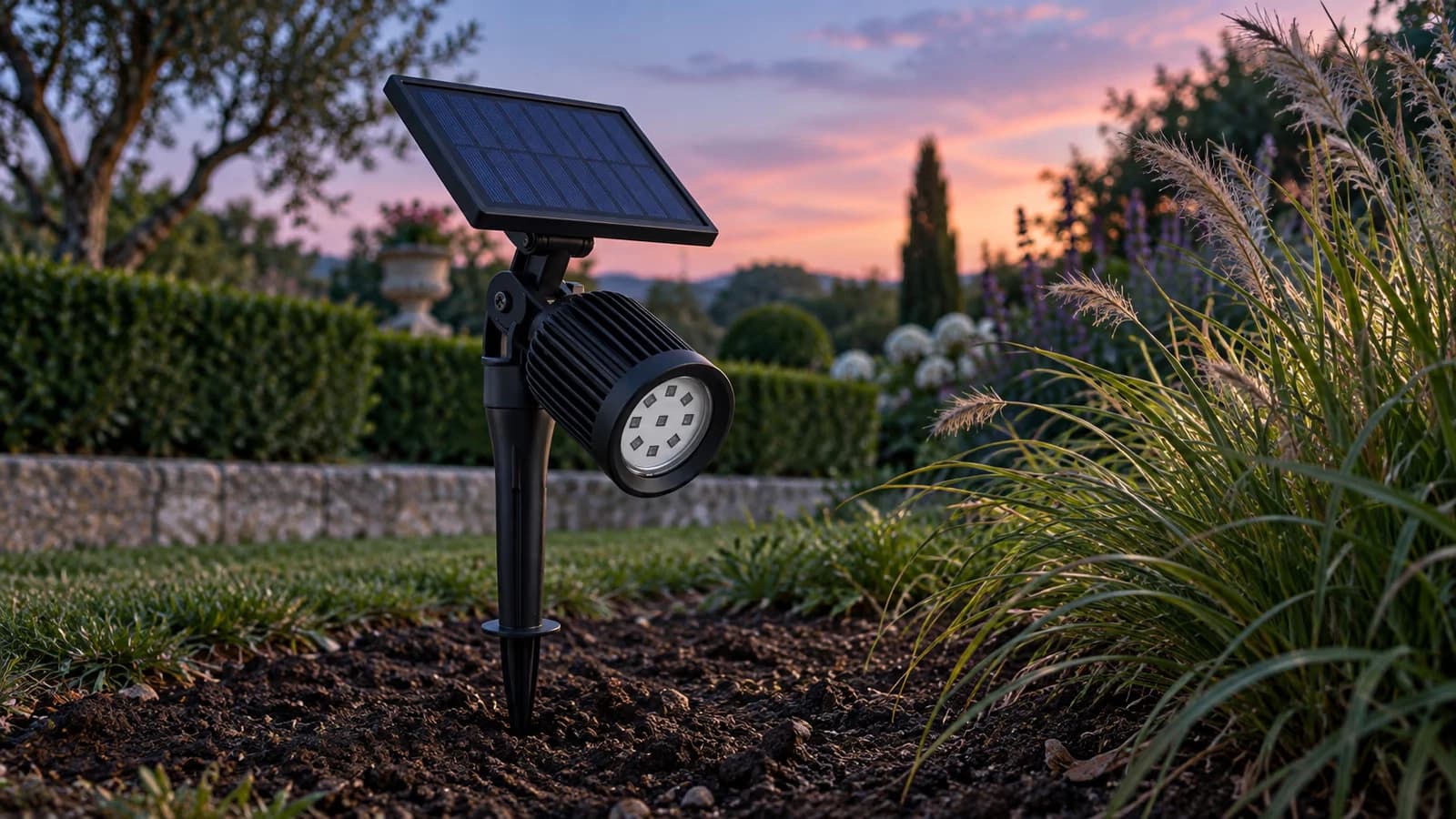 Projecteur solaire noir sur piquet dans un massif au crépuscule, tête orientée vers des graminées et panneau dégagé