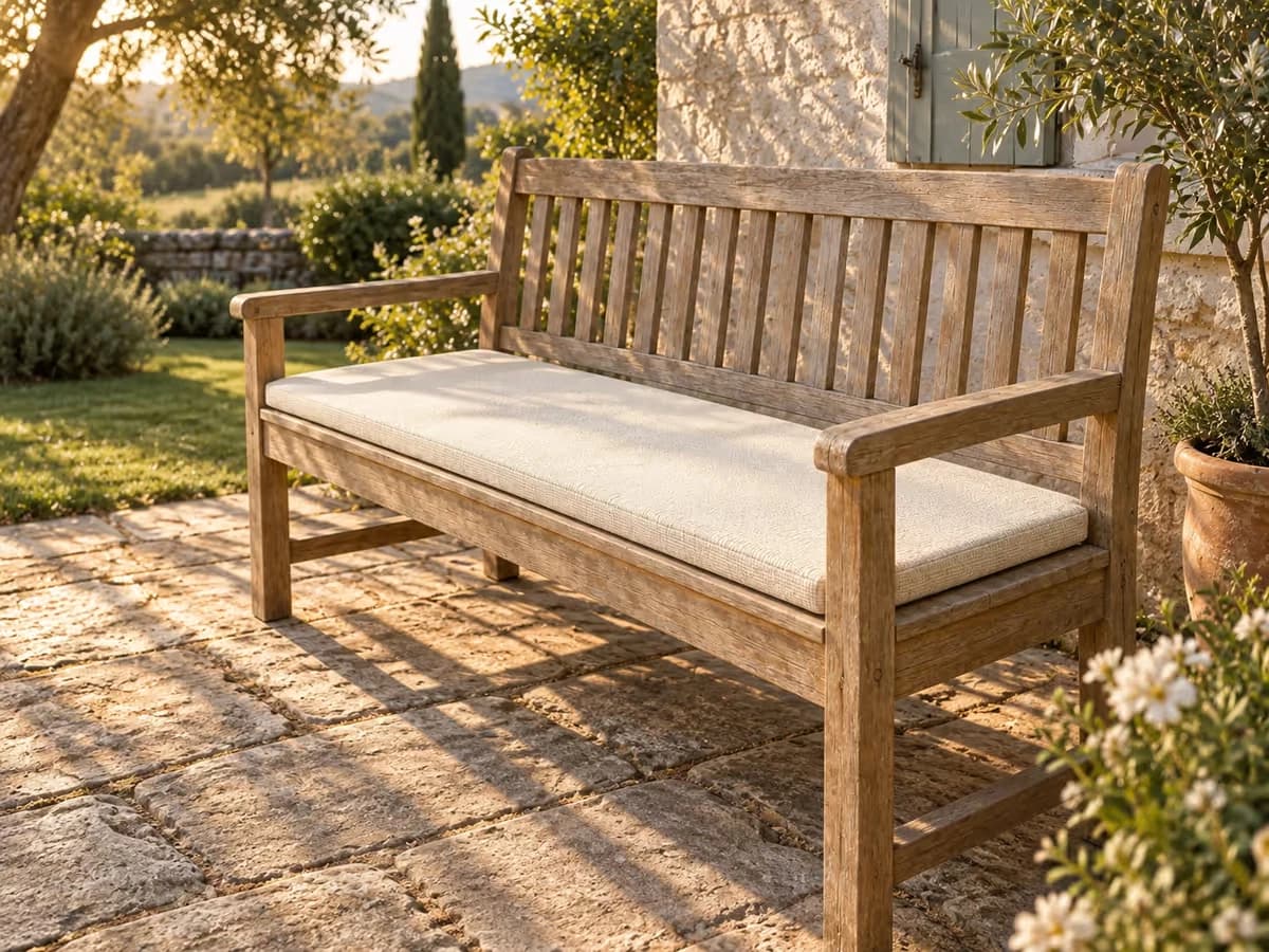 Banc de jardin en bois orienté plein sud en fin d'après-midi d'été, galette de coussin blanc cassé sur l'assise, lumière rasante et ombre longue