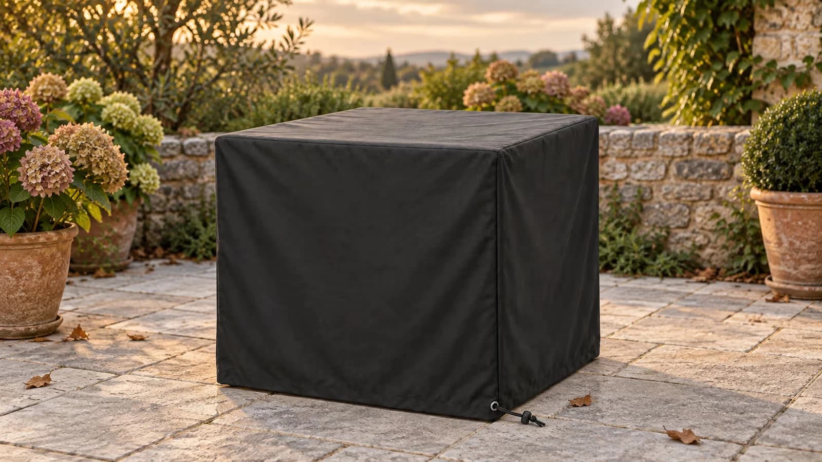 Salon de jardin en bois recouvert d'une housse noire sur une terrasse, toile descendue jusqu'aux dalles par un matin gris