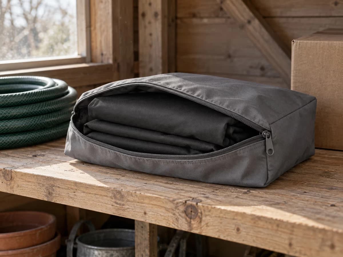 Housse de jardin noire pliée et glissée dans son sac de rangement, posée sur une étagère à l'abri, lumière de fin d'hiver