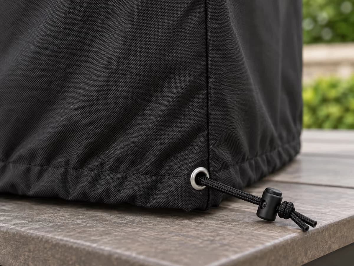 Gros plan de l'ourlet d'une housse de jardin noire, cordon de serrage sorti par un œillet métallique, tissu plissé sur une table