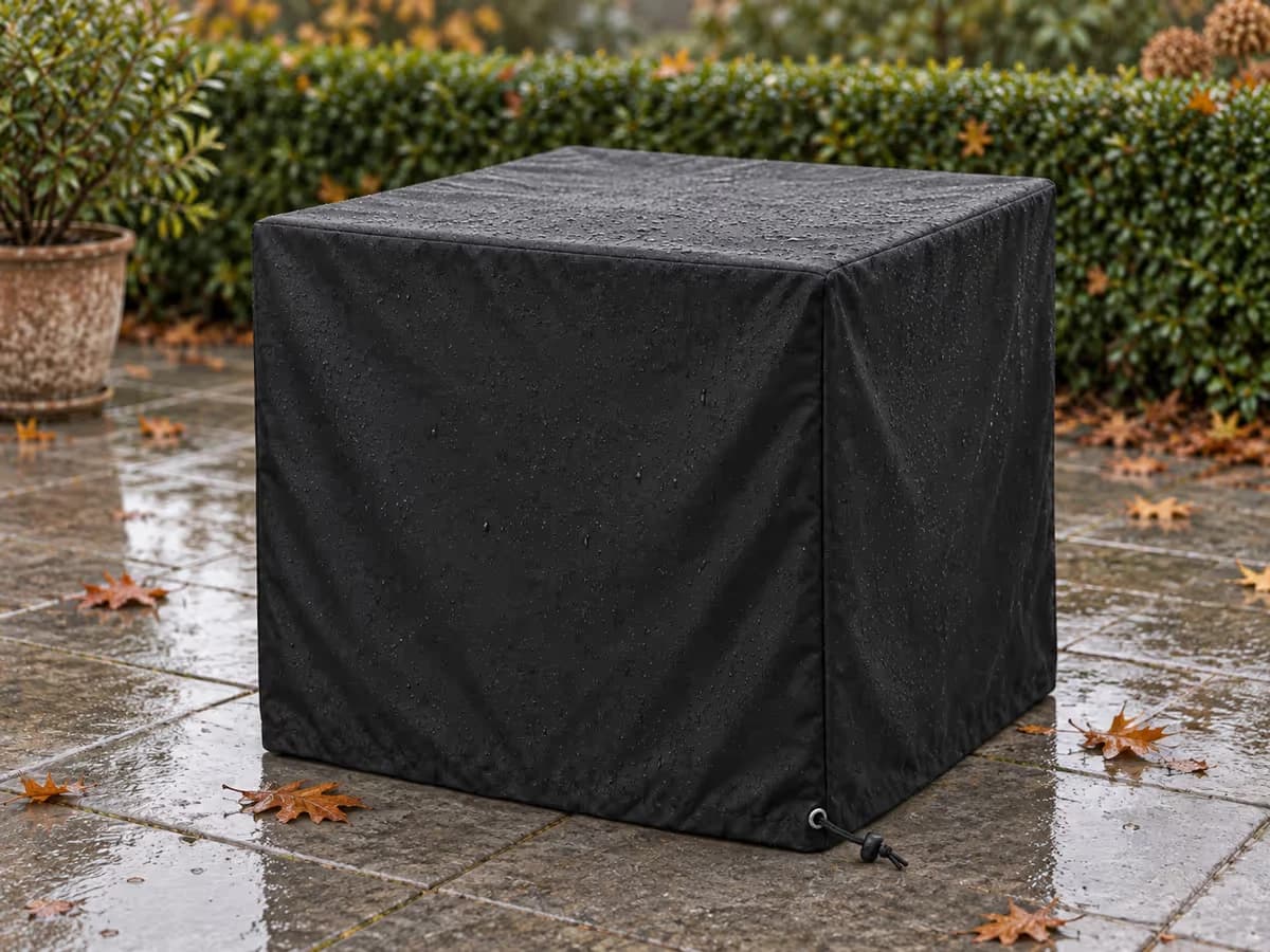 Table de jardin en bois et ses chaises couvertes d'une housse noire, terrasse mouillée après une pluie d'automne, feuilles mortes au pied