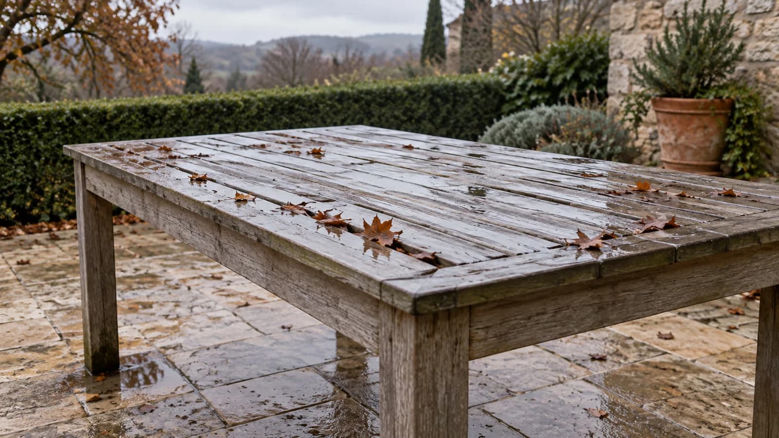 Table de jardin en bois laissée sans protection sur une terrasse, plateau mouillé par une averse d'automne, feuilles mortes prises entre les lattes