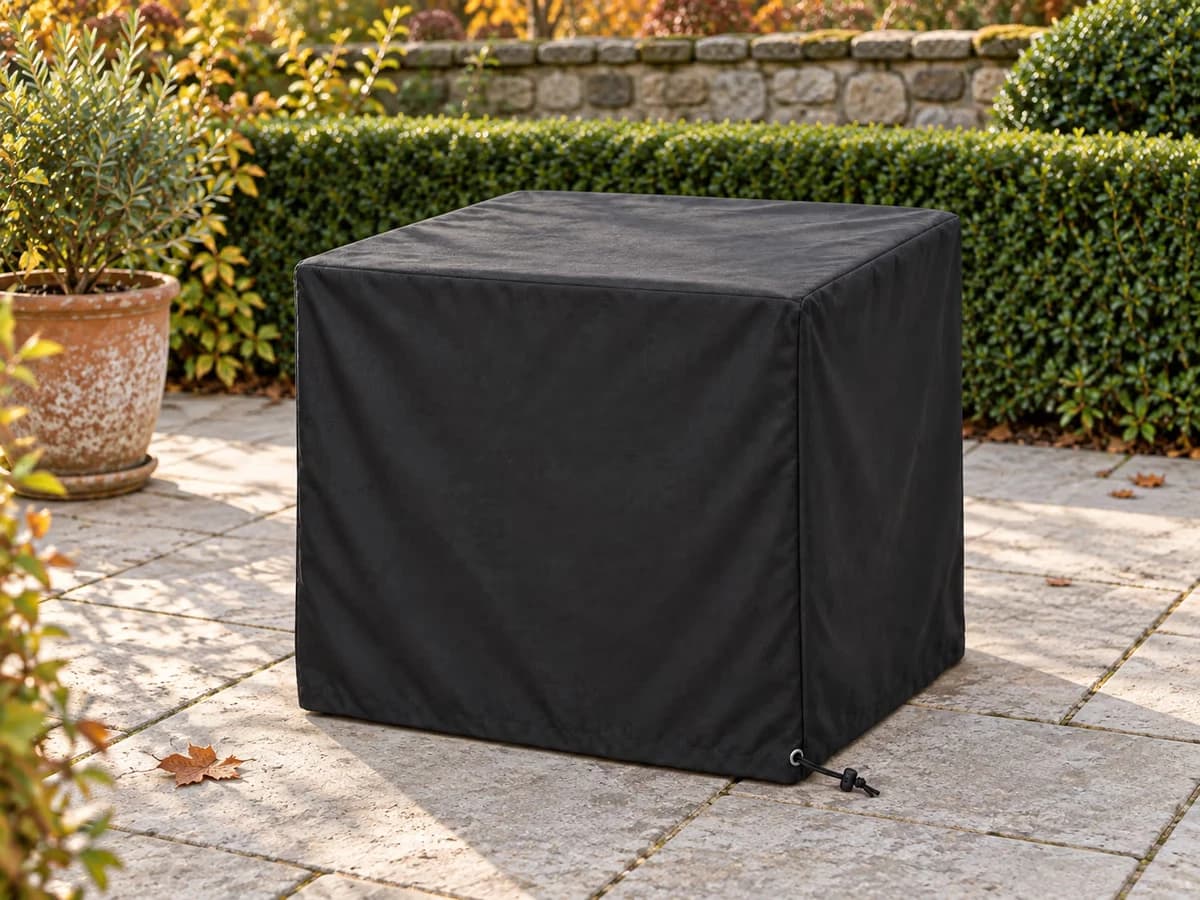Petite table de jardin carrée recouverte d'une bâche noire à pans droits, sur une terrasse dallée un matin d'automne
