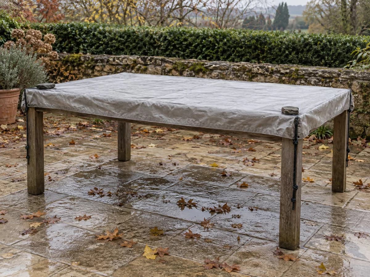 Toile plate tendue sur le plateau d'une table de jardin, cordes et lests aux coins, pieds restés à l'air libre
