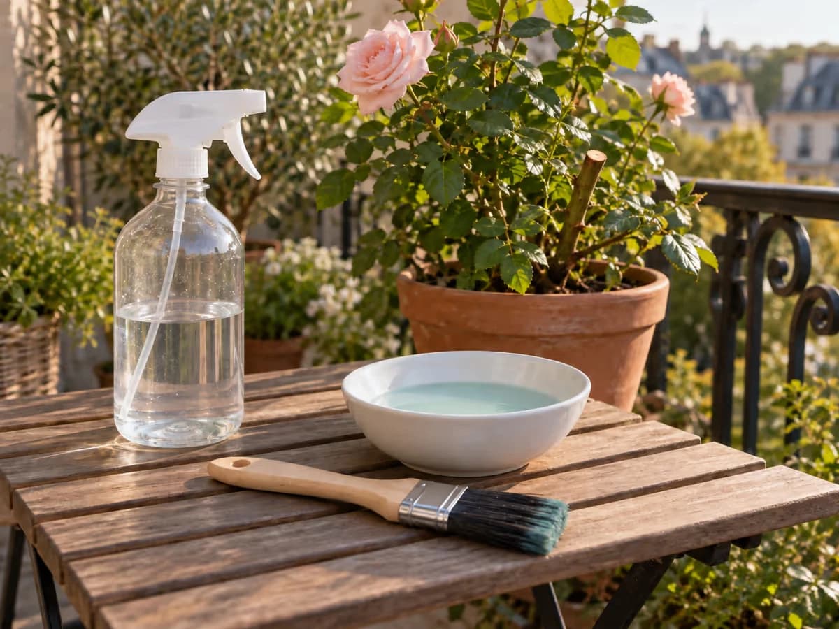 Bouteille à gâchette et pinceau plat posés sur une table de balcon, à côté d'un pot de rosier et d'un bol de bouillie