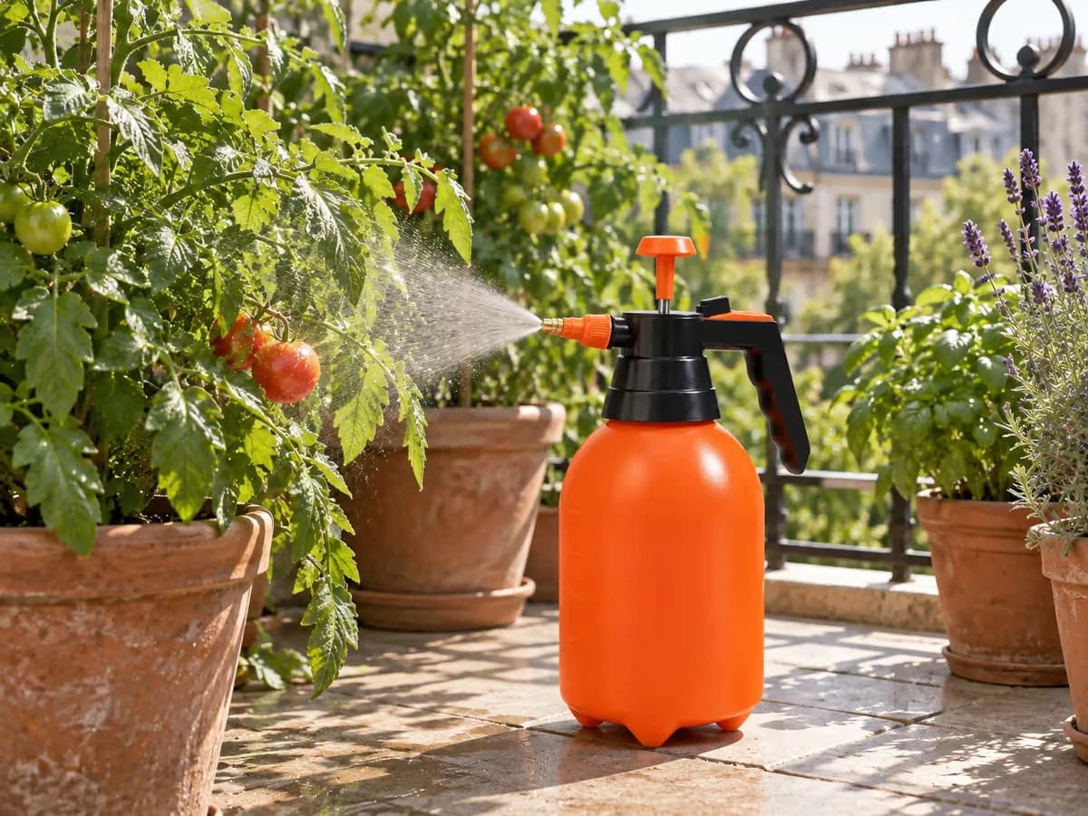 Brume fine sortie d'un pulvérisateur orange de 2 L au-dessus de plants de tomates en pot sur un balcon