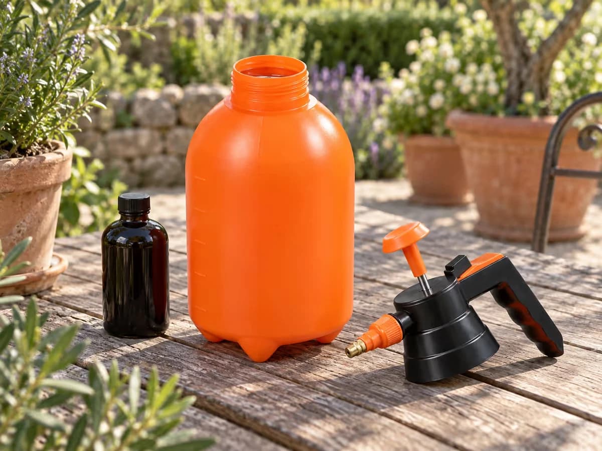 Réservoir orange de pulvérisateur rempli au repère de graduation, posé sur une table de jardin avec un flacon de savon noir