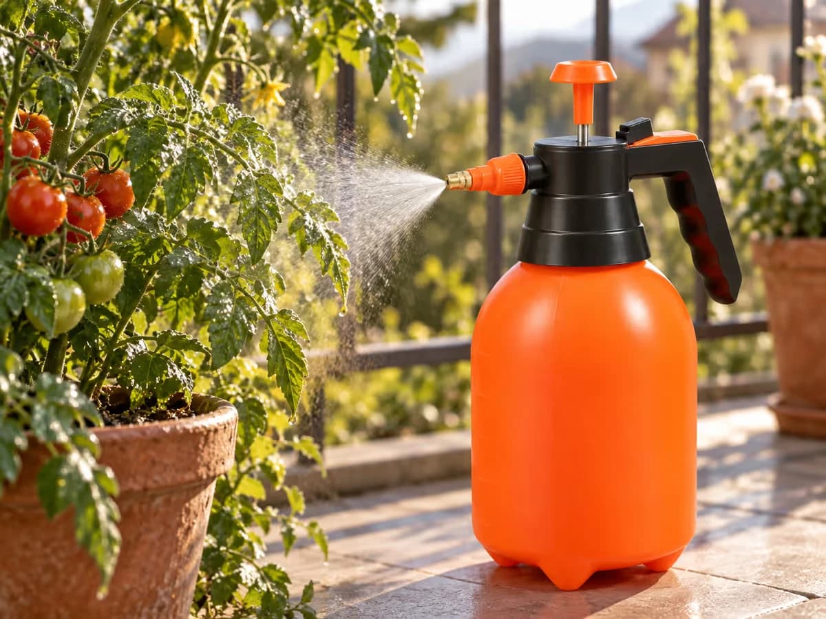 Buse d'un pulvérisateur tenue à vingt centimètres d'un pied de tomate en pot, jet dirigé sous les feuilles au matin