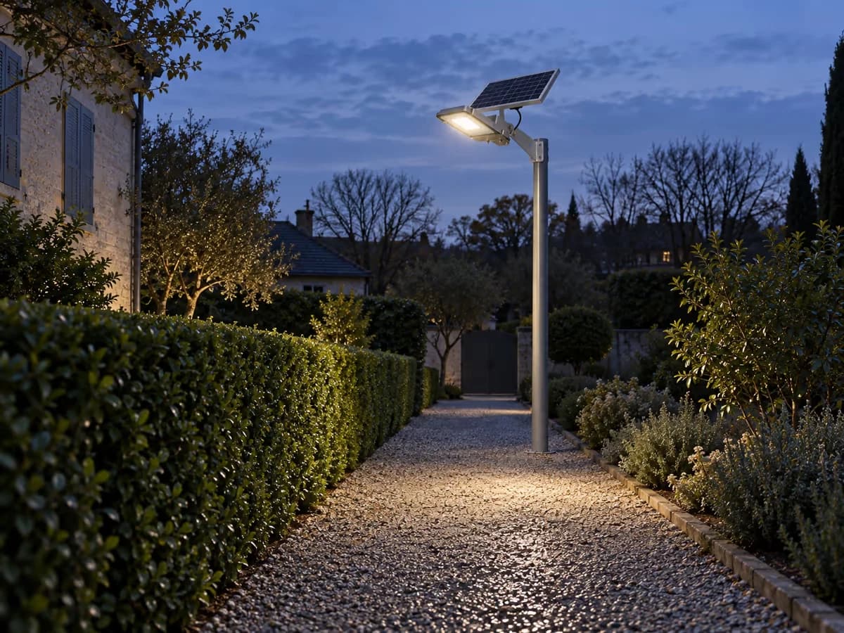 Allée de jardin au crépuscule avec un lampadaire solaire déjà allumé alors que le ciel reste clair au-dessus des arbres