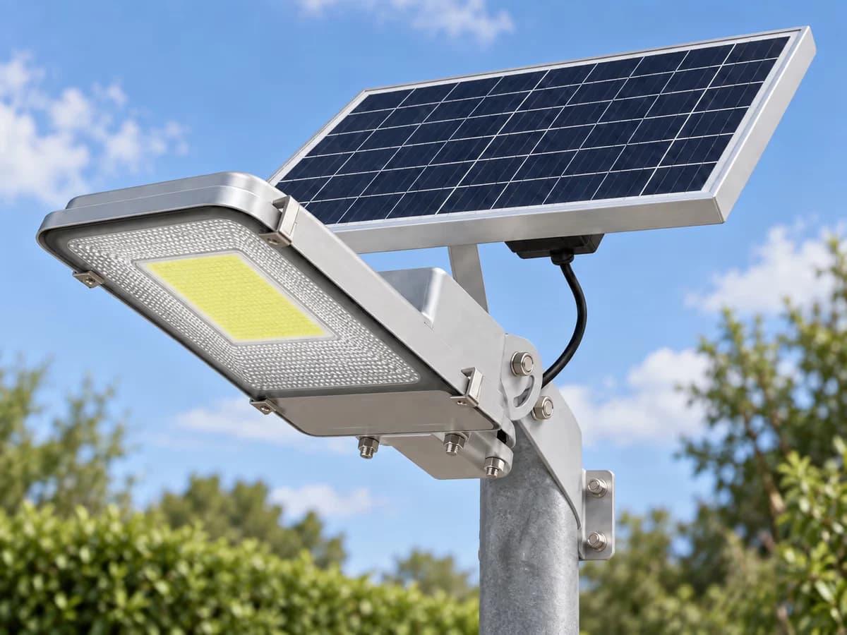 Panneau solaire incliné au sommet d'un lampadaire en aluminium, bras de fixation et cellule photoélectrique visibles