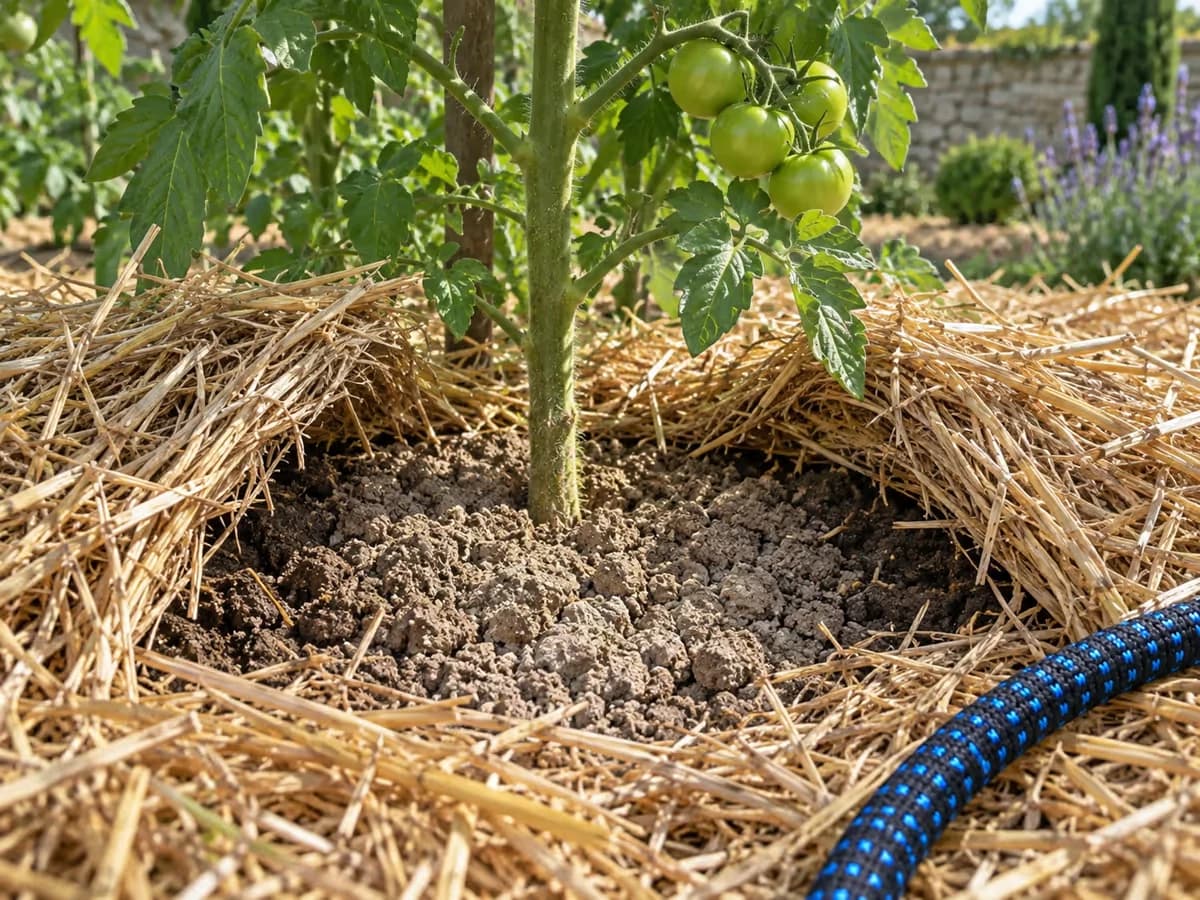 Terre émiettée au pied d'un plant de tomate, paillis de paille écarté pour laisser voir le sol sec en surface