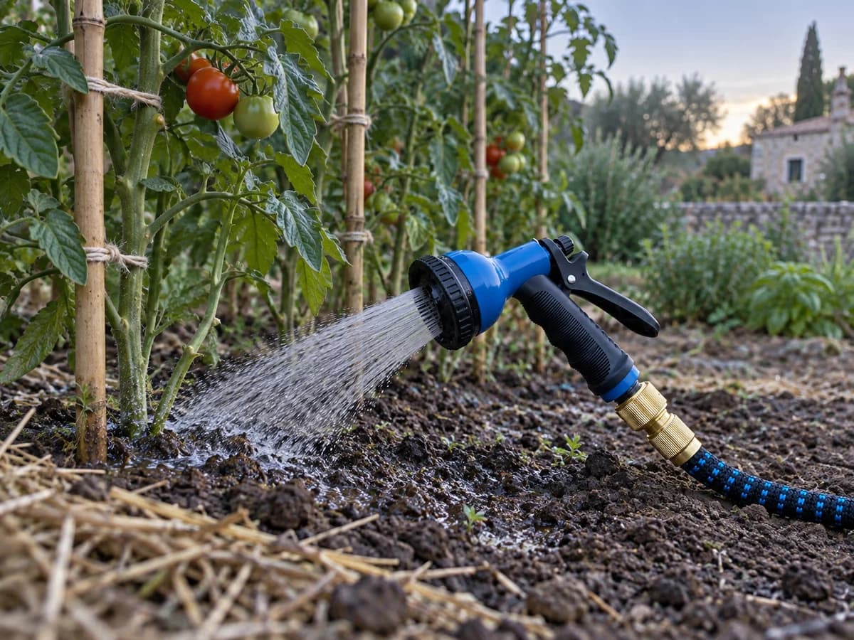 Rang de tomates au lever du jour, jet d'eau bas dirigé au pied des plants, feuilles encore sèches