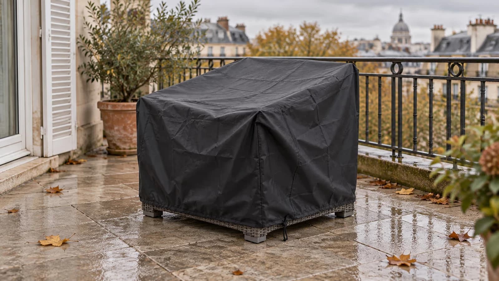 Salon de jardin en résine tressée sous une housse noire à cordon, sur une terrasse de balcon, ciel couvert de fin septembre