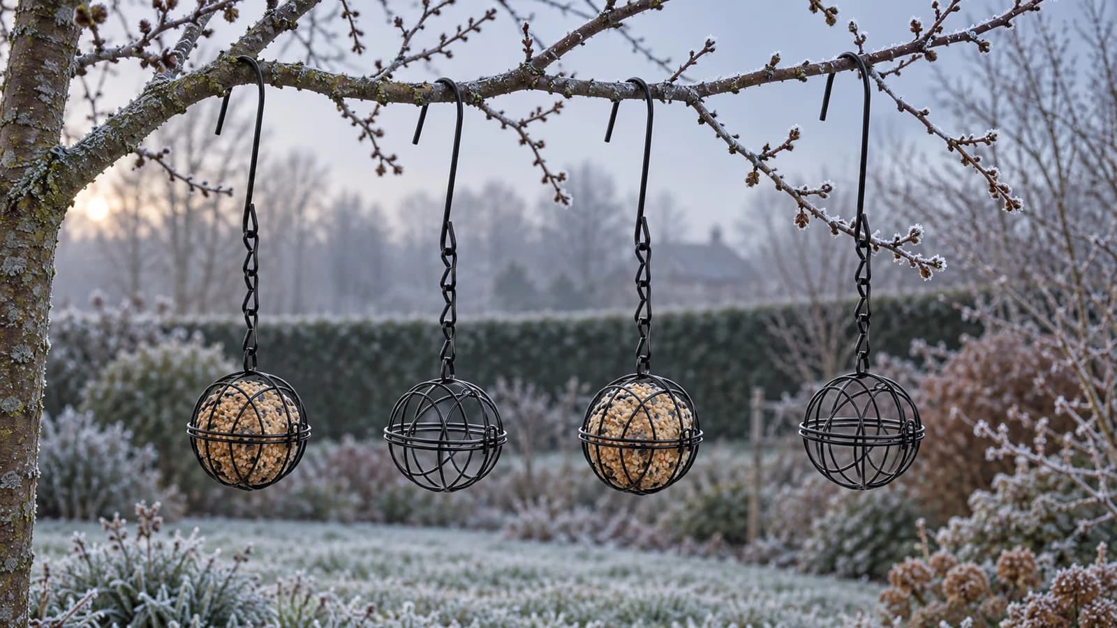 Quatre sphères en fil métallique noir suspendues à des branches nues par une brume de gel, lumière froide de petit matin d'automne