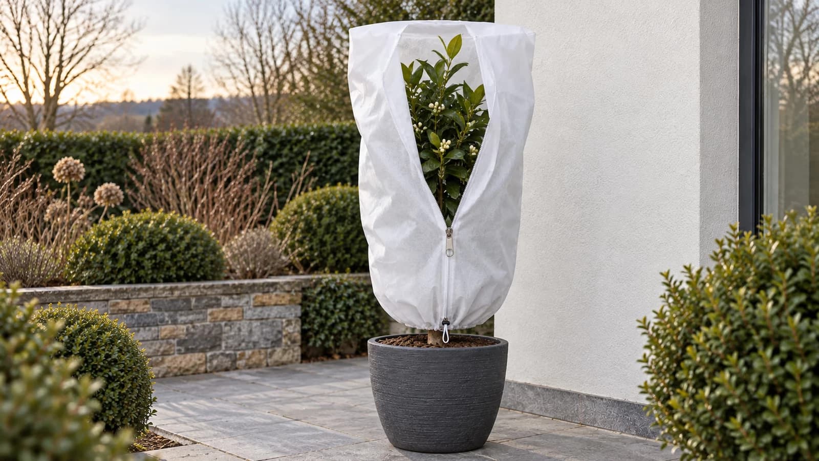 Housse d'hivernage entrouverte sur un agrume en pot sous une lumière douce de fin d'hiver