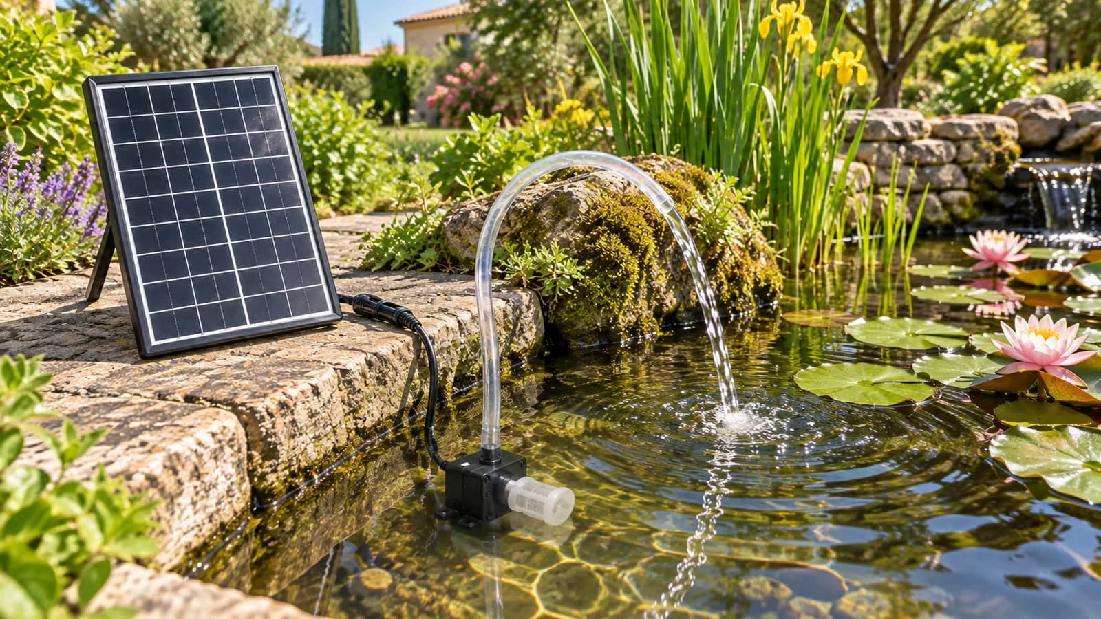 Bassin de jardin en plein soleil de midi, jet d'eau montant d'une pompe immergée, panneau solaire dressé sur sa béquille au premier plan
