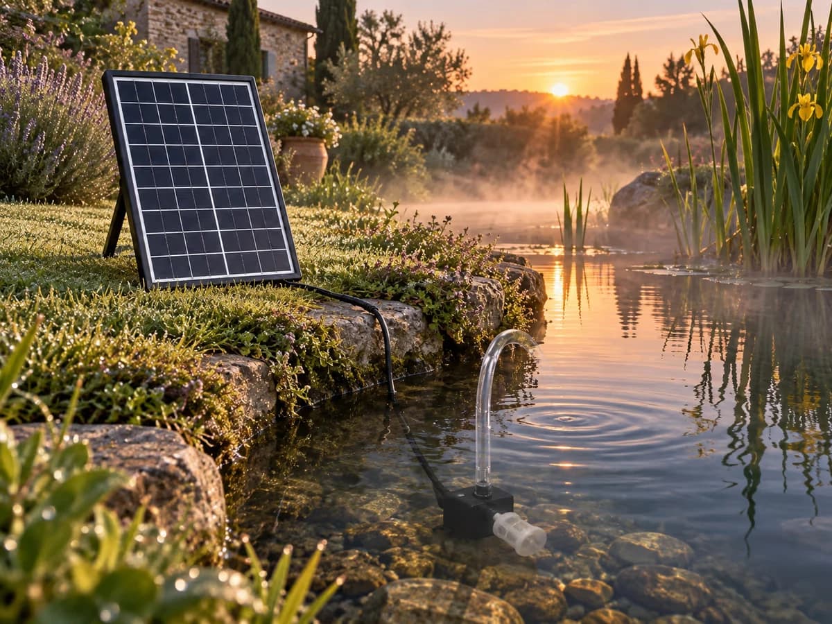 Bassin de jardin à l'aube d'un jour d'été, lumière rasante et brume légère sur l'eau, panneau solaire incliné vers le levant sur la berge
