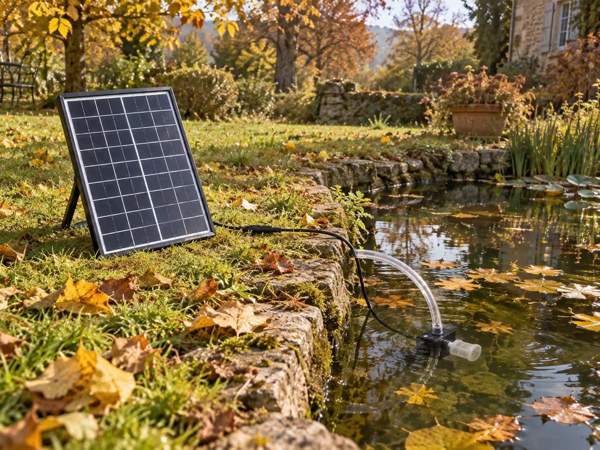 Bassin de jardin en octobre, feuilles mortes sur l'eau et lumière basse, panneau solaire sur sa béquille déplacé vers une zone dégagée de la berge