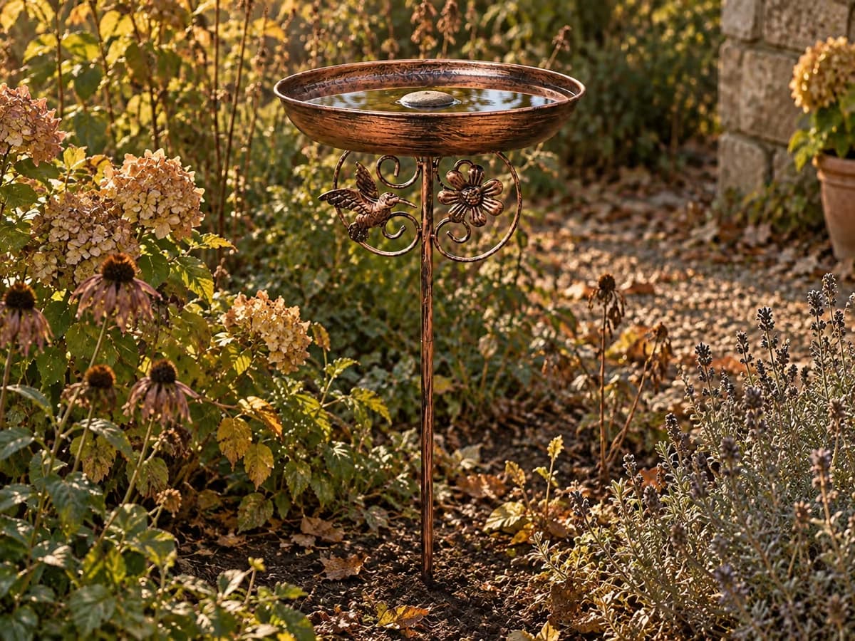 Fin d'été au jardin, vasque d'aplomb et pierre plate affleurante au centre, feuillage fané, lumière douce de fin d'après-midi
