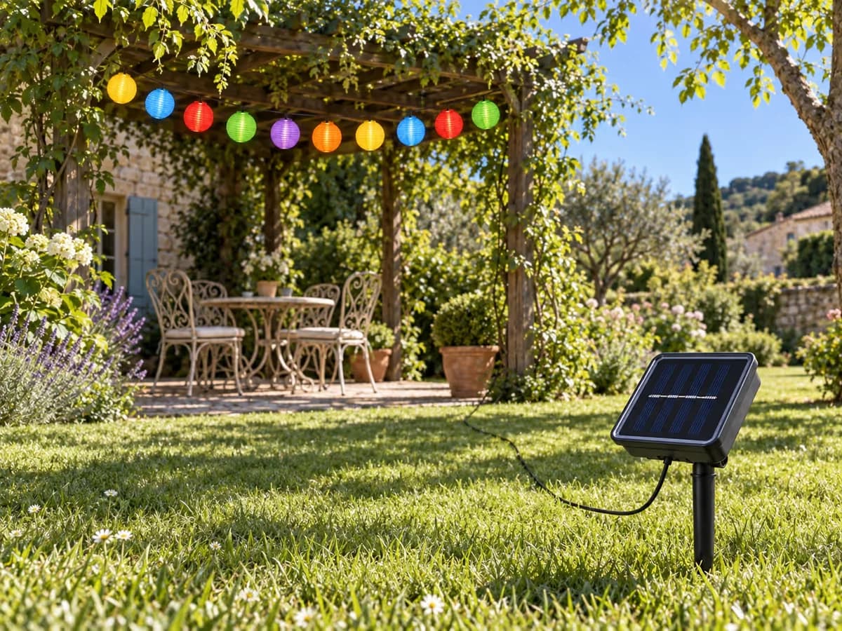 Panneau solaire planté dans une pelouse ensoleillée, câble noir partant vers une pergola