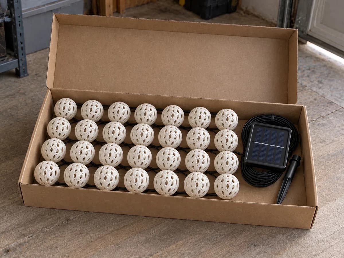 Boules lumineuses ajourées rangées dans une boîte protectrice en carton