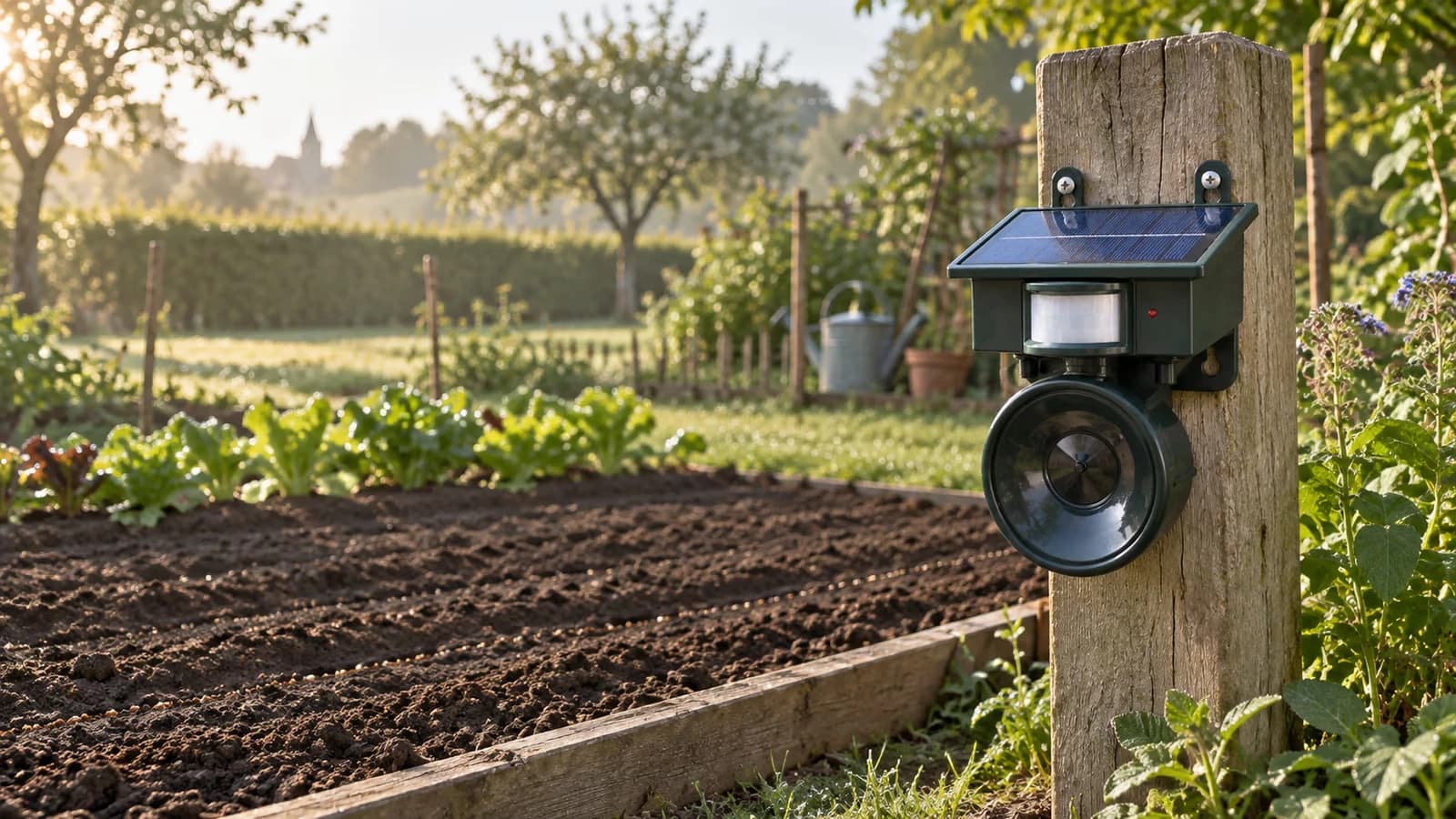 Jardin au petit matin, rosée sur la pelouse, boîtier répulsif vert sur son piquet au bord d'une planche de semis