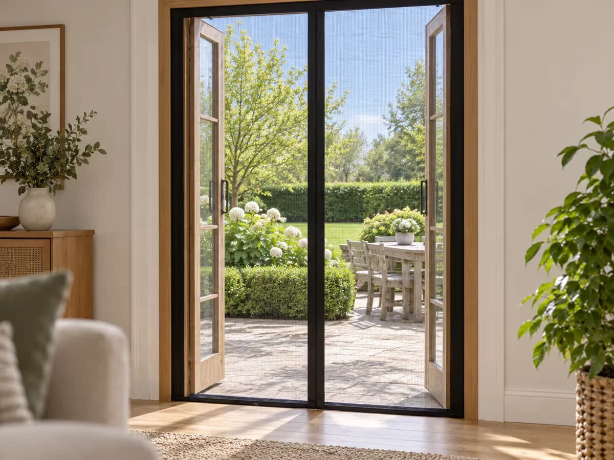 Salon vu depuis l'intérieur vers une terrasse ensoleillée d'avril, la maille noire en travers de la porte-fenêtre ouverte