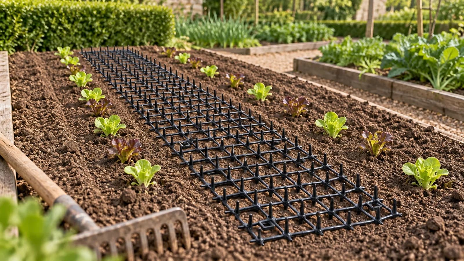Planche de potager fraîchement ratissée au printemps, bande noire à picots déroulée à plat sur la terre nue entre deux rangs de jeunes plants