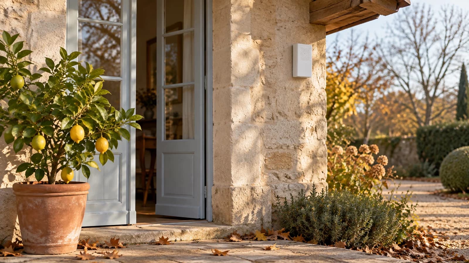 Citronnier en pot posé sur le pas d'une porte française ouverte, sonde blanche suspendue sous le débord de toit, lumière basse d'octobre au jardin