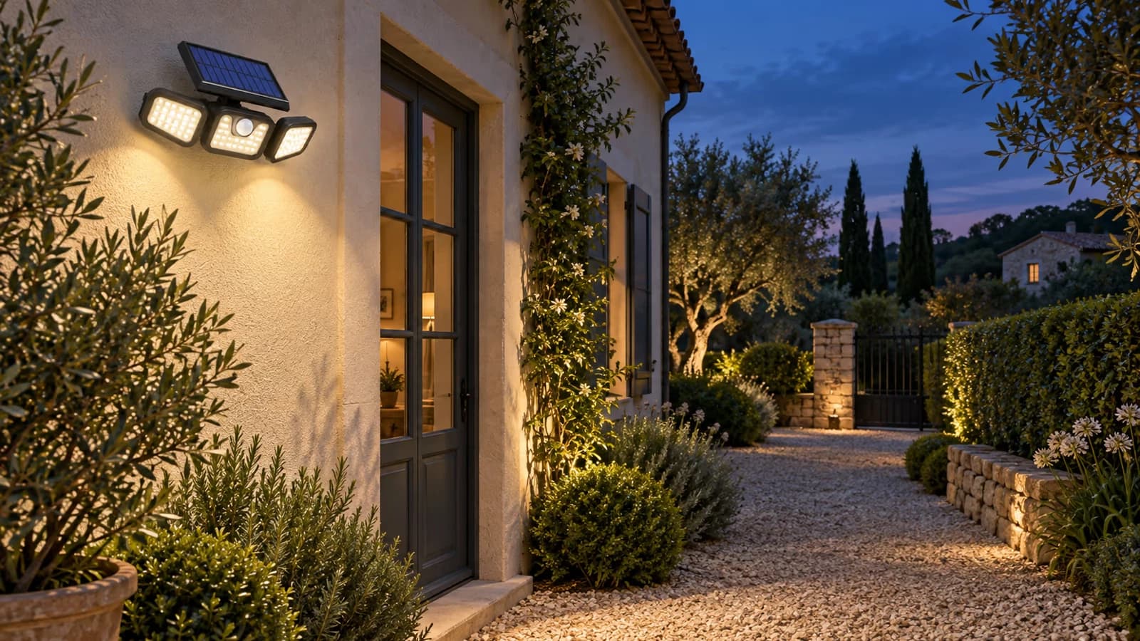 Spot solaire à trois têtes fixé sur un mur de jardin au crépuscule, faisceaux dirigés vers une allée