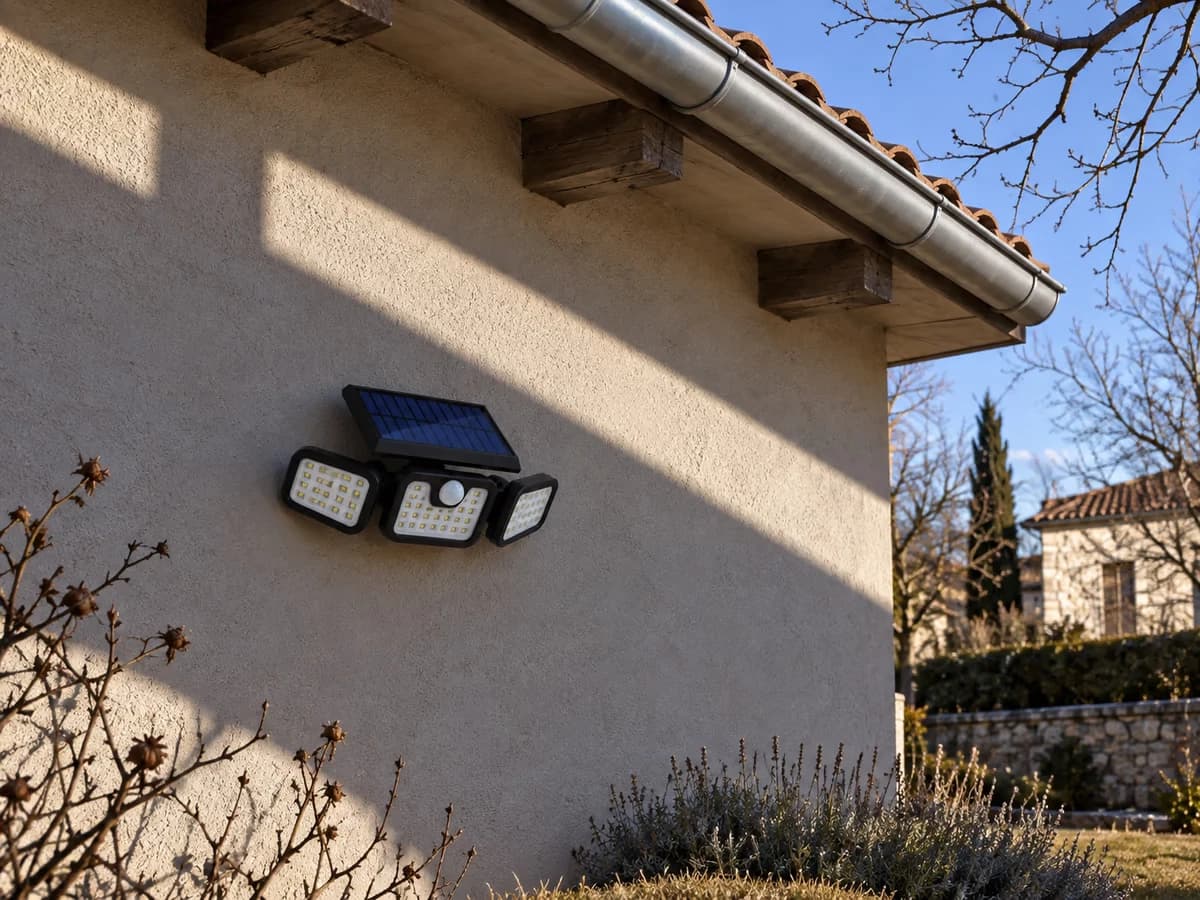 Ombre portée d'un avant-de-toit couvrant un spot solaire mural un après-midi de décembre