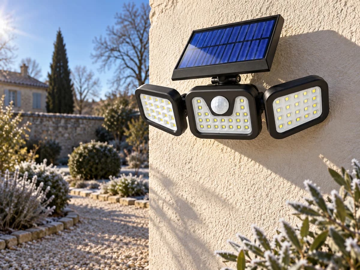 Spot solaire mural dont le panneau supérieur est redressé à plat vers le soleil d'hiver