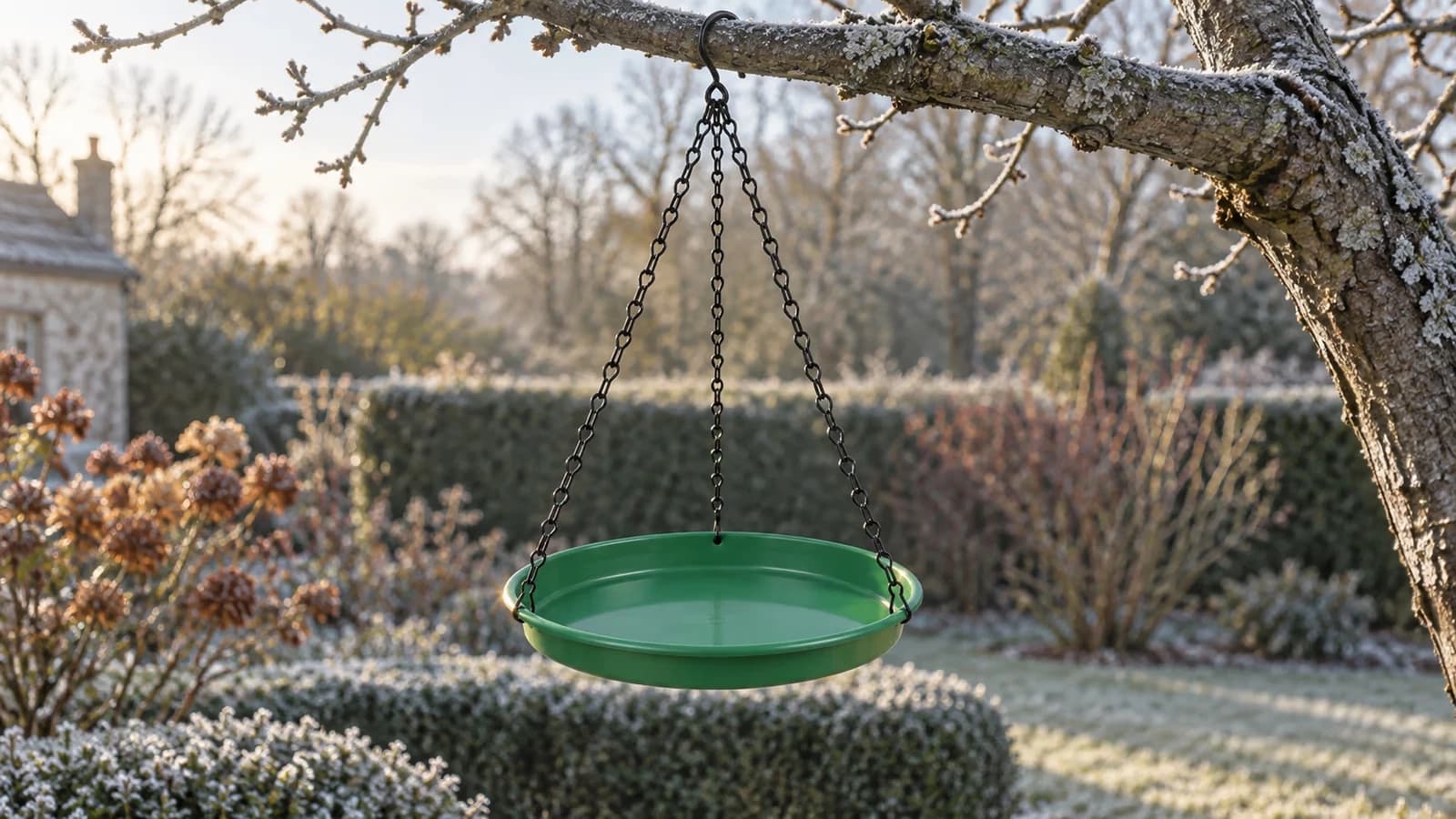 Plateau rond vert suspendu à une branche nue par trois chaînes, gel blanc sur l'écorce, lumière de fin de matinée d'hiver