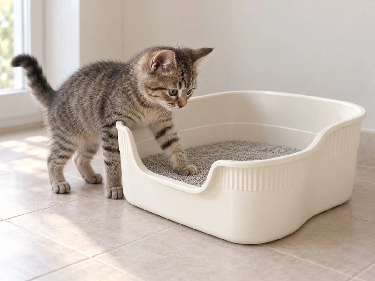 Chaton devant l'avant bas d'un bac de propreté semi-fermé garni de litière, une patte avant déjà posée dans la cuve