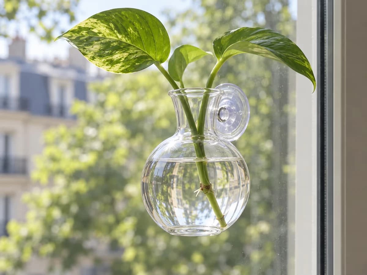 Bouture de pothos glissée dans un vase mural transparent, noeud et racines naissantes visibles à travers la paroi