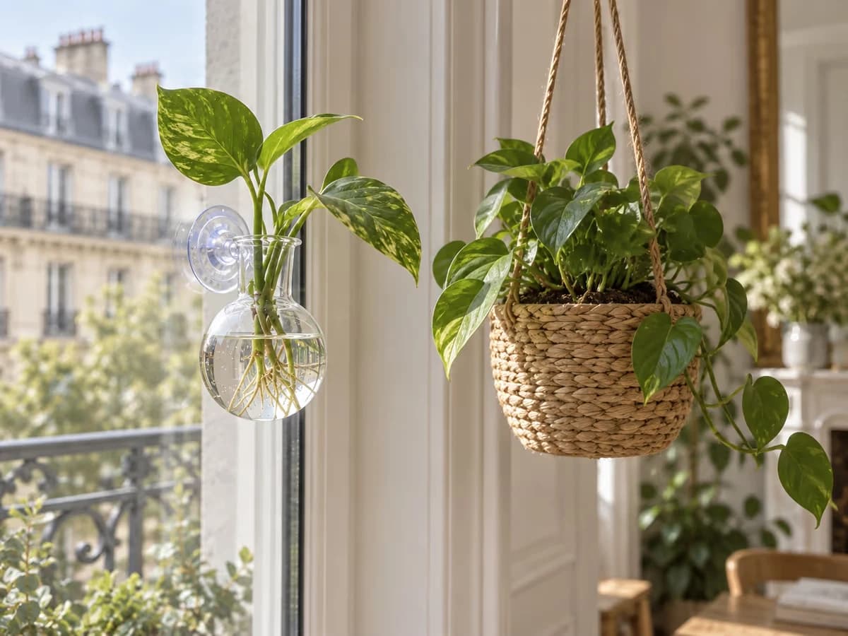 Vase mural transparent à bouture sur une vitre et panier suspendu tressé avec plante en terre à proximité