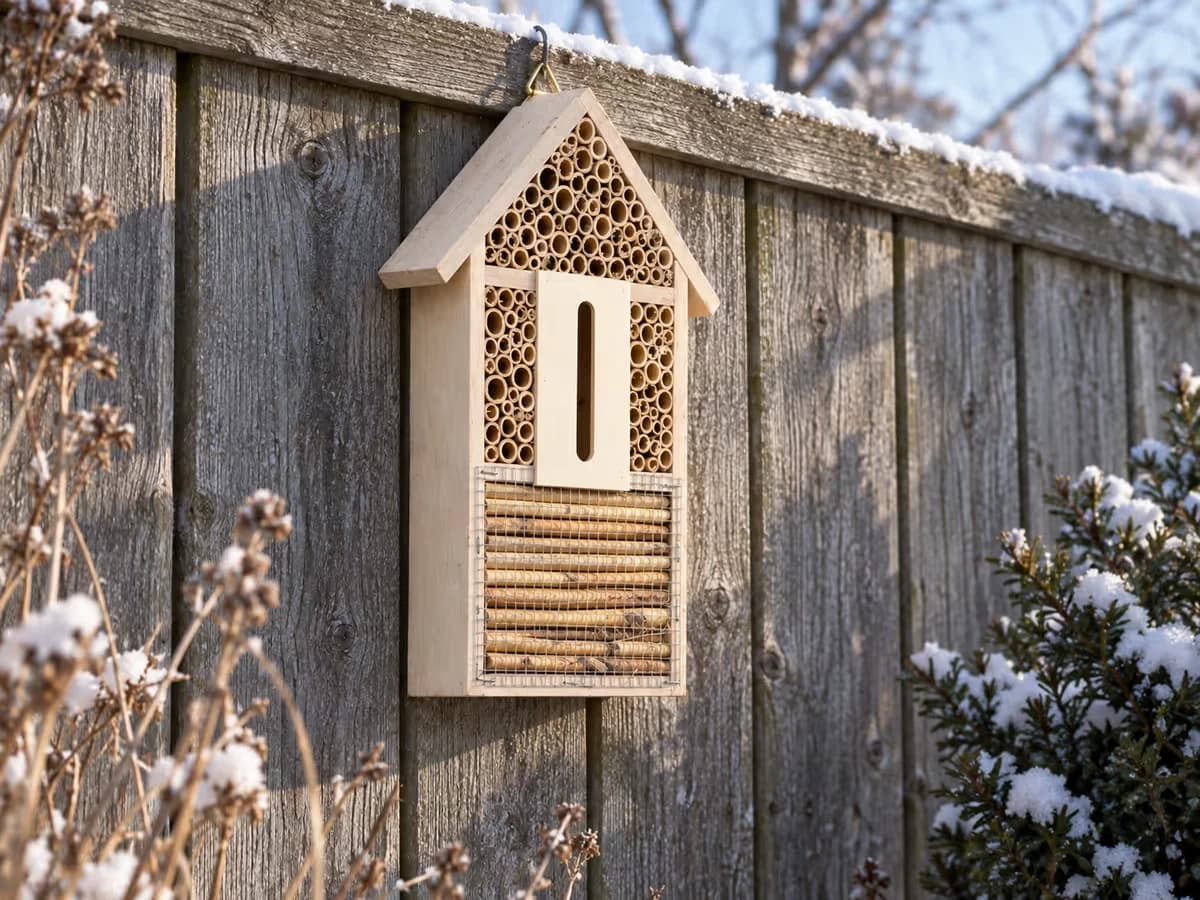 Maisonnette à insectes en bois suspendue à une clôture grisée sous la neige, tubes de roseau face au soleil rasant