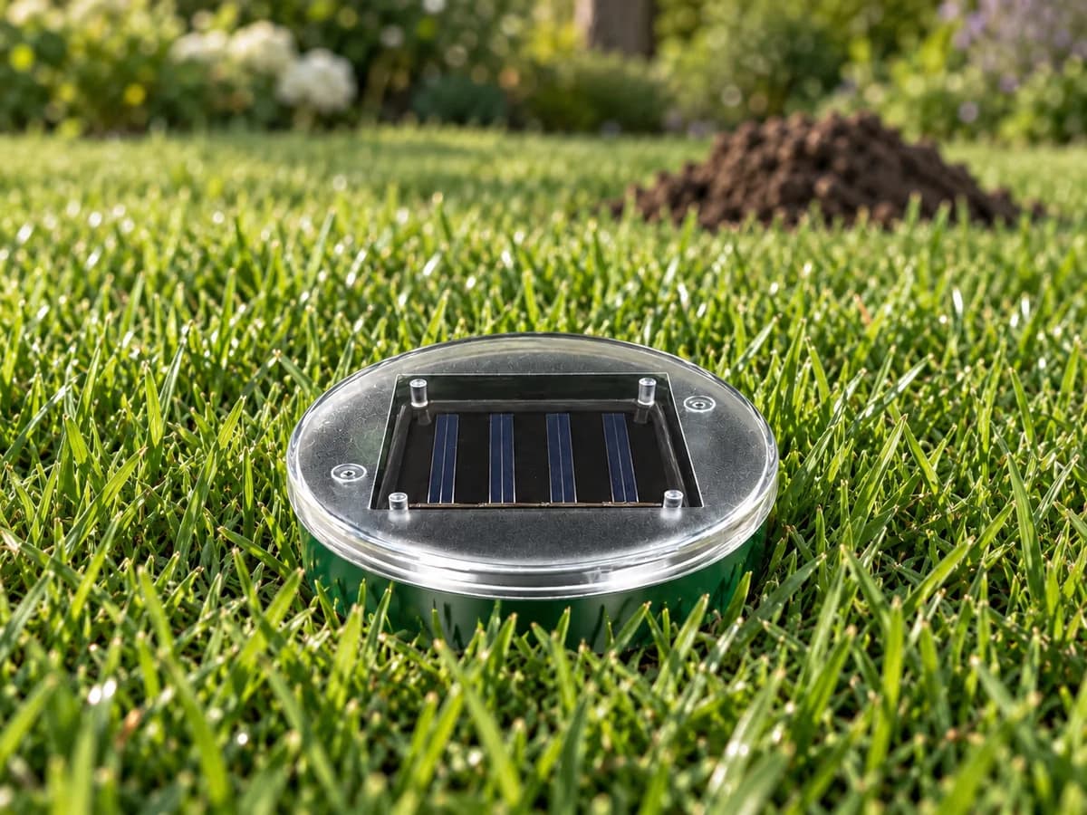 Piquet répulsif taupe solaire planté dans une pelouse, tête verte affleurant le gazon