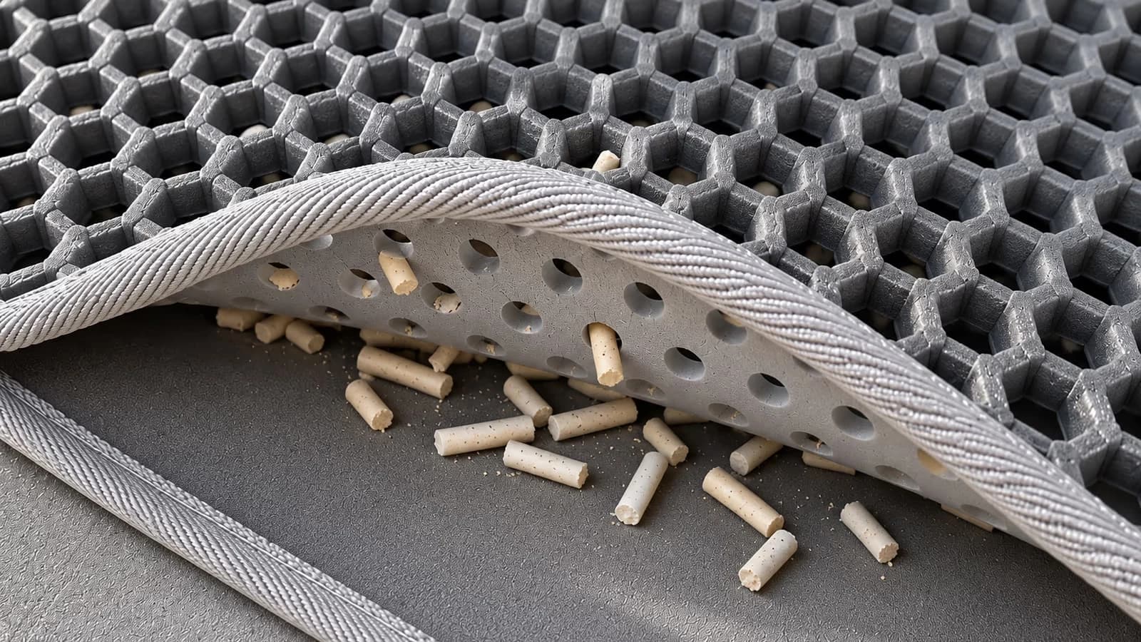 Vue rapprochée des alvéoles hexagonales d'un tapis gris, quelques granulés de litière logés dans les creux sous la couche supérieure