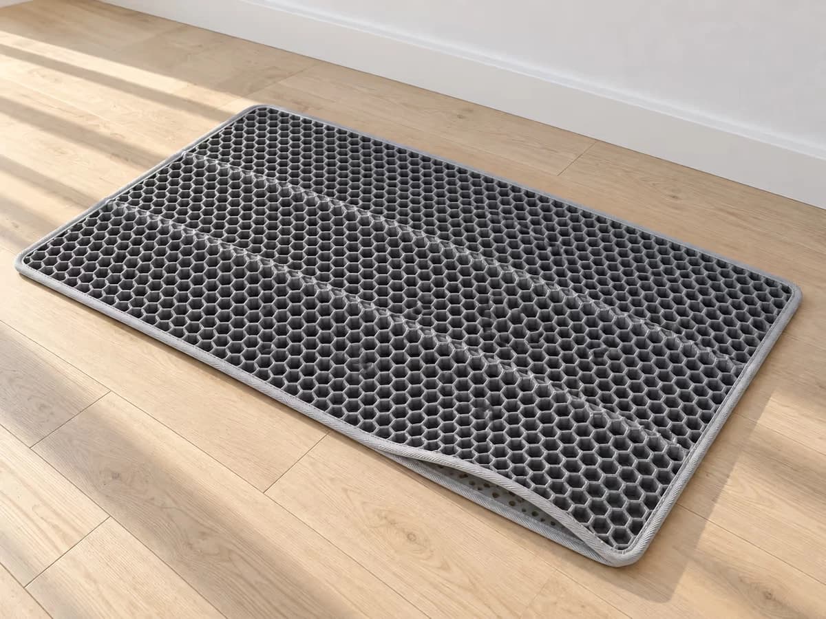 Tapis de litière gris déplié sur un parquet clair, plis transversaux encore marqués sur la couche inférieure, lumière rasante de fin de journée